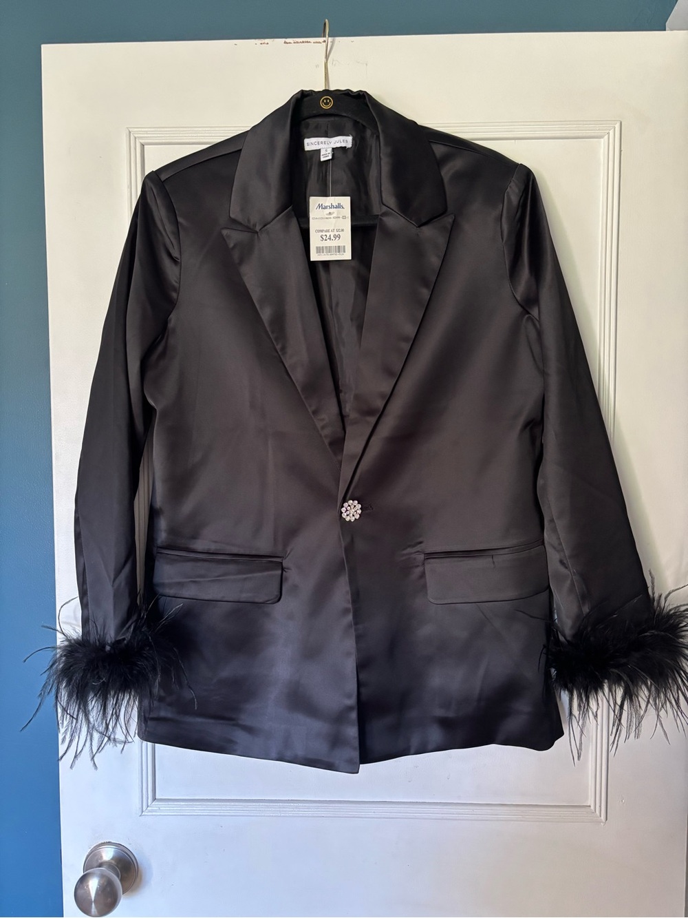 Sincerly Jules Black Satin Blazer with Feather Cuffs